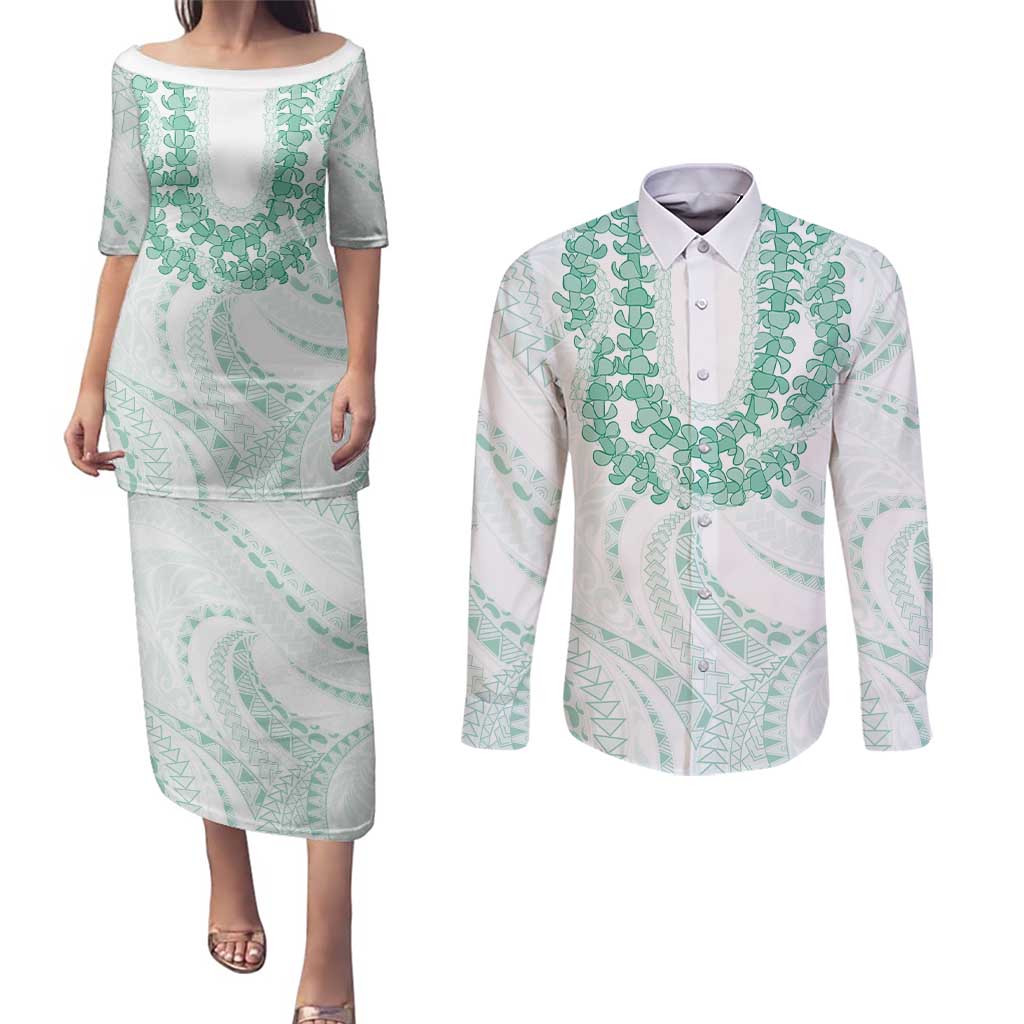 Aloha Lei Onaona Couples Matching Puletasi and Long Sleeve Button Shirt Sage Green Hawaiian Tribal Pattern LT9 Green - Polynesian Pride