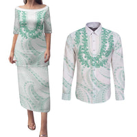 Aloha Lei Onaona Couples Matching Puletasi and Long Sleeve Button Shirt Sage Green Hawaiian Tribal Pattern LT9 Green - Polynesian Pride