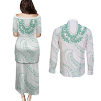 Aloha Lei Onaona Couples Matching Puletasi and Long Sleeve Button Shirt Sage Green Hawaiian Tribal Pattern LT9 - Polynesian Pride