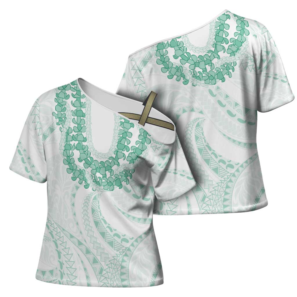 Aloha Lei Onaona Cross Shoulder Shirt Sage Green Hawaiian Tribal Pattern LT9 - Polynesian Pride