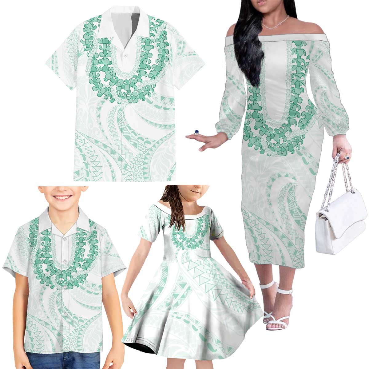 Aloha Lei Onaona Family Matching Off The Shoulder Long Sleeve Dress and Hawaiian Shirt Sage Green Hawaiian Tribal Pattern LT9 - Polynesian Pride