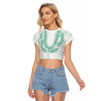 Aloha Lei Onaona Raglan Cropped T Shirt Sage Green Hawaiian Tribal Pattern