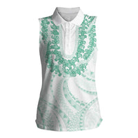 Aloha Lei Onaona Women Sleeveless Polo Shirt Sage Green Hawaiian Tribal Pattern