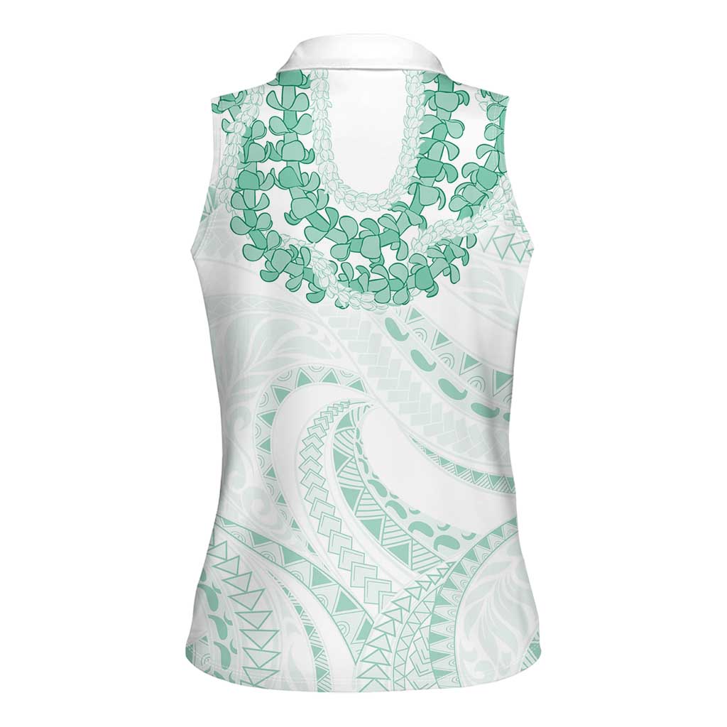 Aloha Lei Onaona Women Sleeveless Polo Shirt Sage Green Hawaiian Tribal Pattern