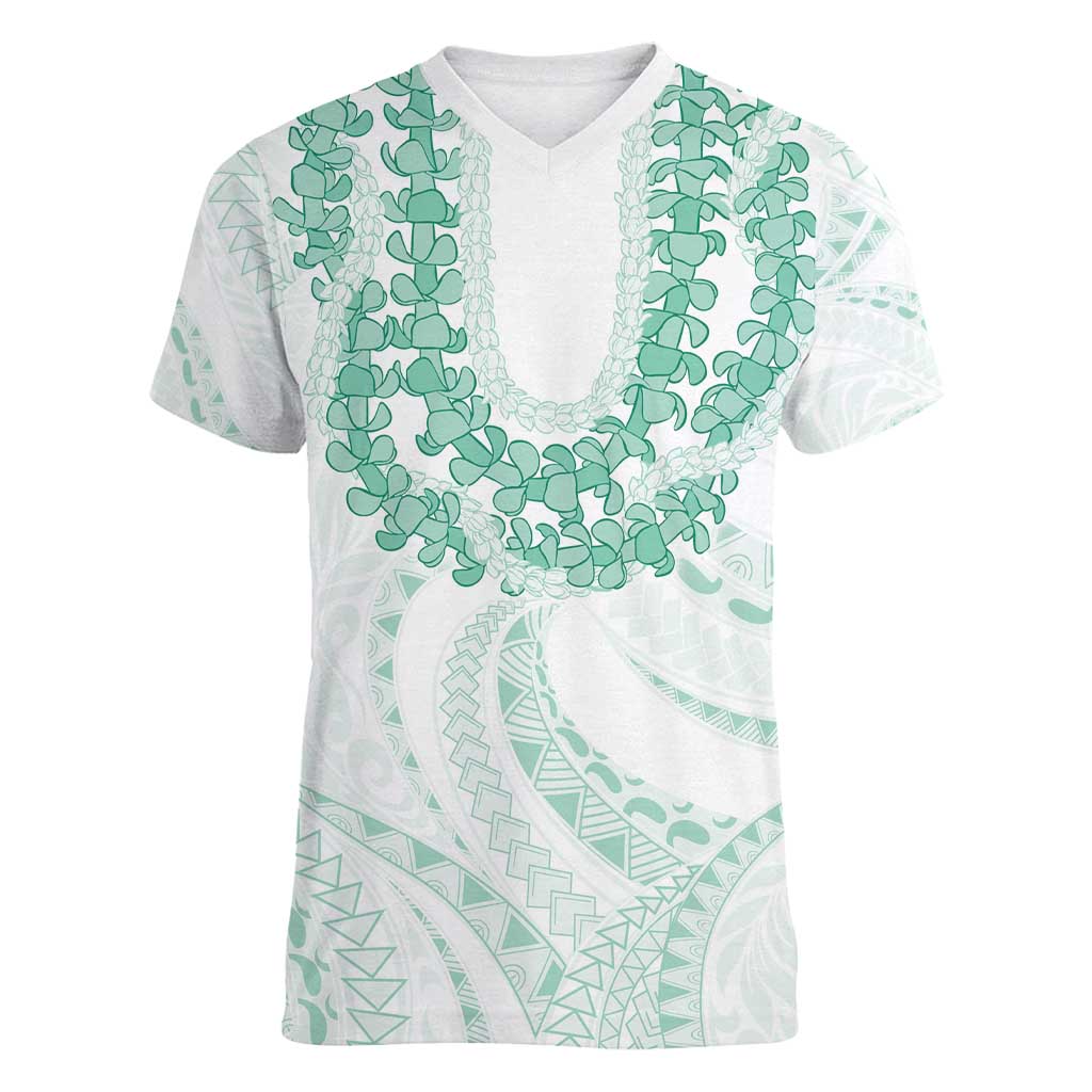 Aloha Lei Onaona Women V-Neck T-Shirt Sage Green Hawaiian Tribal Pattern