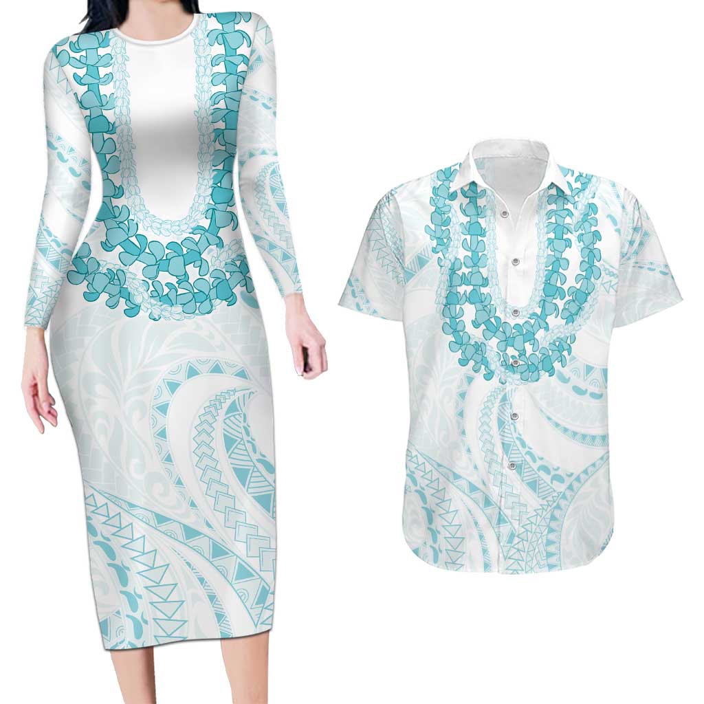 Aloha Lei Onaona Couples Matching Long Sleeve Bodycon Dress and Hawaiian Shirt Teal Hawaiian Tribal Pattern LT9 Teal - Polynesian Pride