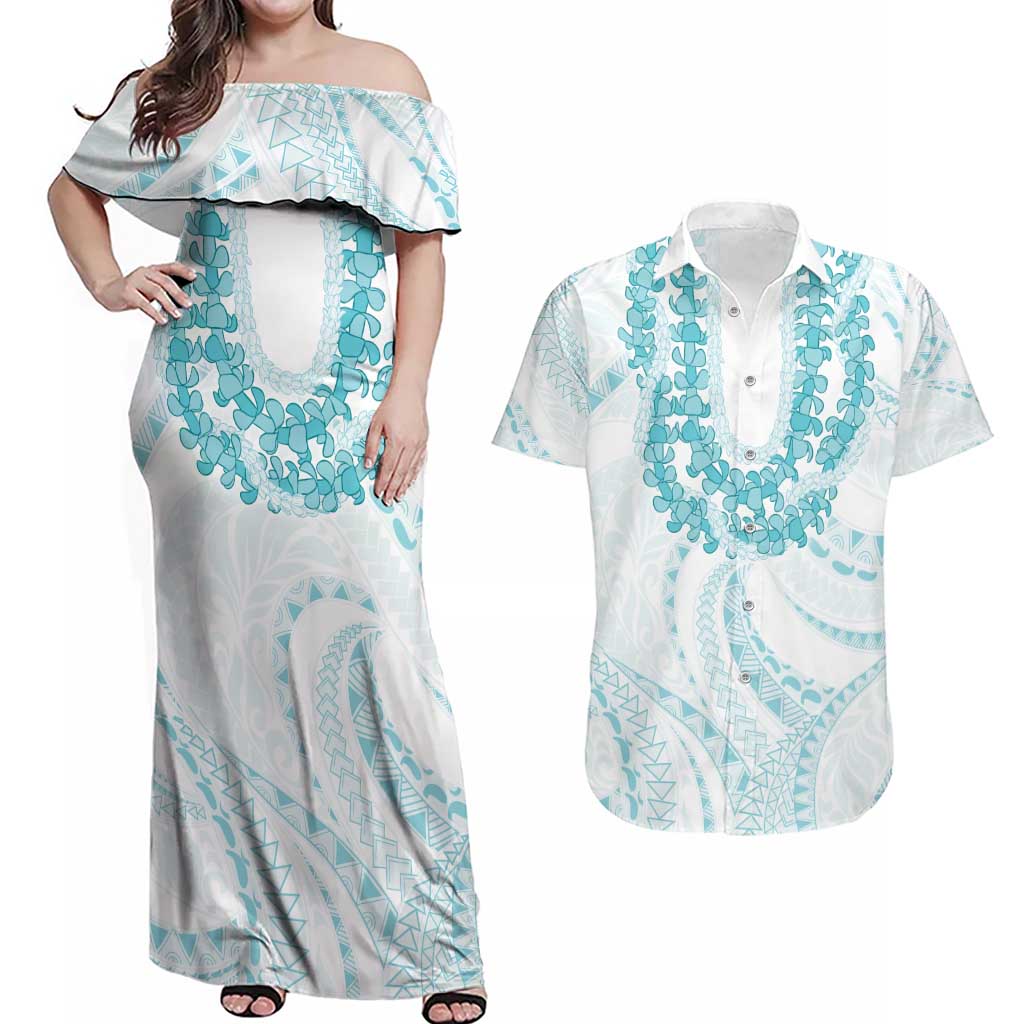 Aloha Lei Onaona Couples Matching Off Shoulder Maxi Dress and Hawaiian Shirt Teal Hawaiian Tribal Pattern LT9 Teal - Polynesian Pride