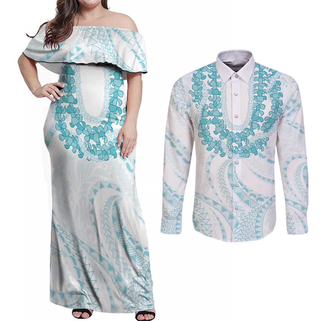 Aloha Lei Onaona Couples Matching Off Shoulder Maxi Dress and Long Sleeve Button Shirt Teal Hawaiian Tribal Pattern LT9 Teal - Polynesian Pride