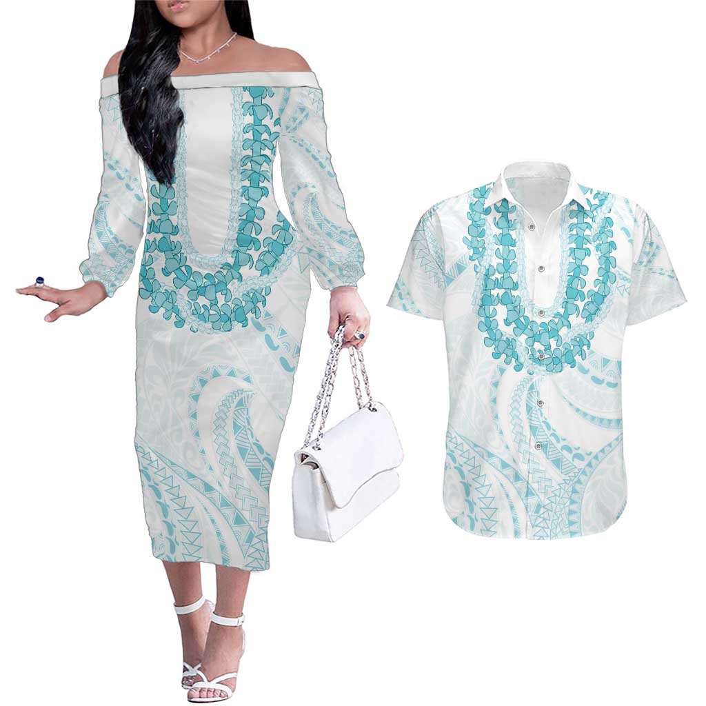 Aloha Lei Onaona Couples Matching Off The Shoulder Long Sleeve Dress and Hawaiian Shirt Teal Hawaiian Tribal Pattern LT9 Teal - Polynesian Pride