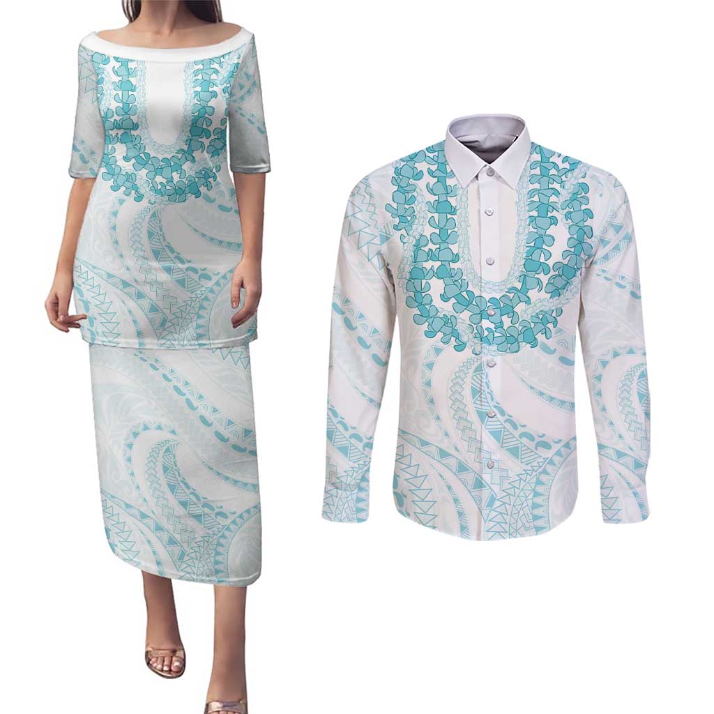 Aloha Lei Onaona Couples Matching Puletasi and Long Sleeve Button Shirt Teal Hawaiian Tribal Pattern LT9 Teal - Polynesian Pride