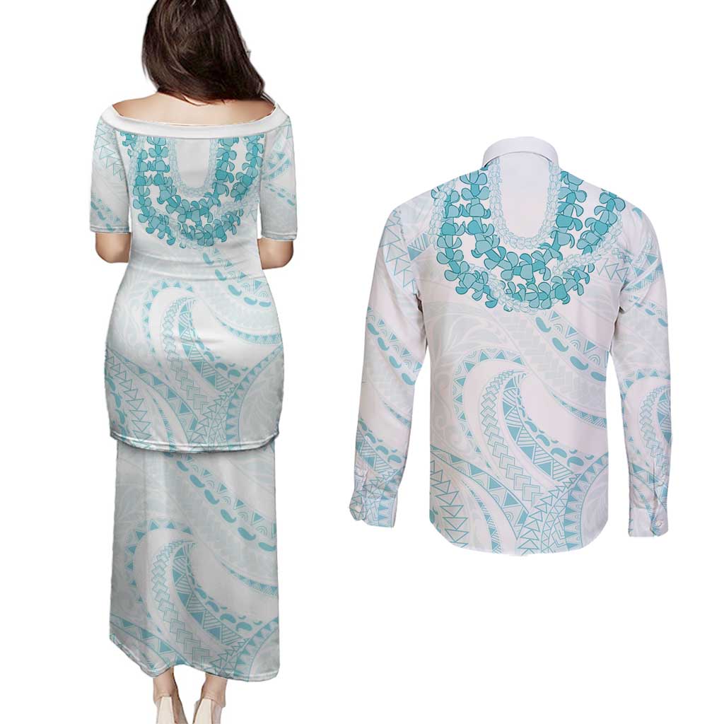 Aloha Lei Onaona Couples Matching Puletasi and Long Sleeve Button Shirt Teal Hawaiian Tribal Pattern LT9 - Polynesian Pride