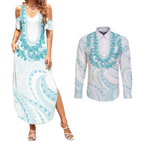Aloha Lei Onaona Couples Matching Summer Maxi Dress and Long Sleeve Button Shirt Teal Hawaiian Tribal Pattern LT9 Teal - Polynesian Pride