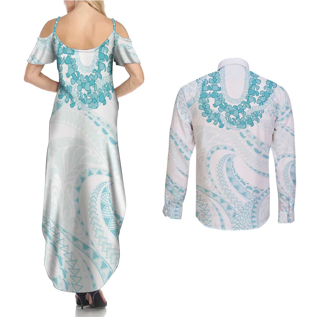 Aloha Lei Onaona Couples Matching Summer Maxi Dress and Long Sleeve Button Shirt Teal Hawaiian Tribal Pattern LT9 - Polynesian Pride