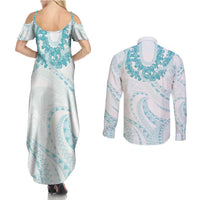 Aloha Lei Onaona Couples Matching Summer Maxi Dress and Long Sleeve Button Shirt Teal Hawaiian Tribal Pattern LT9 - Polynesian Pride