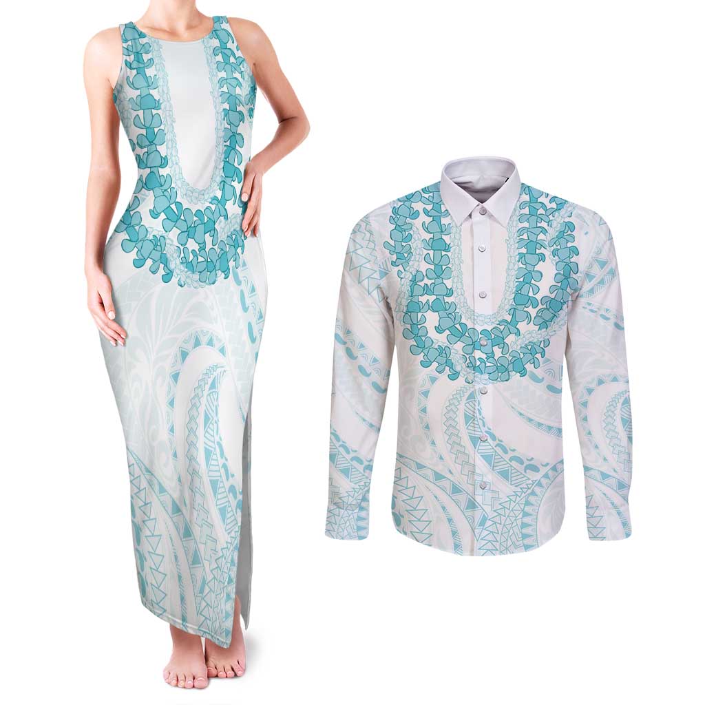 Aloha Lei Onaona Couples Matching Tank Maxi Dress and Long Sleeve Button Shirt Teal Hawaiian Tribal Pattern LT9 Teal - Polynesian Pride
