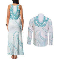 Aloha Lei Onaona Couples Matching Tank Maxi Dress and Long Sleeve Button Shirt Teal Hawaiian Tribal Pattern LT9 - Polynesian Pride