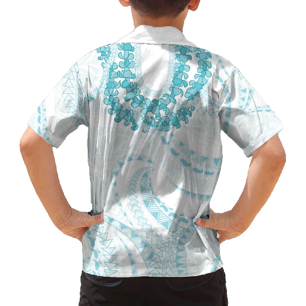 Aloha Lei Onaona Family Matching Off The Shoulder Long Sleeve Dress and Hawaiian Shirt Teal Hawaiian Tribal Pattern