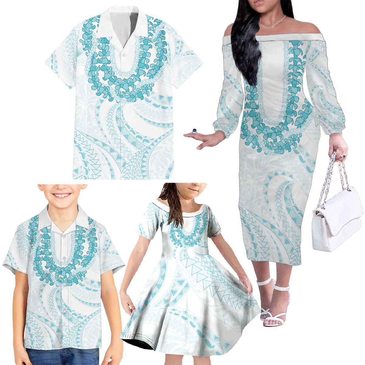 Aloha Lei Onaona Family Matching Off The Shoulder Long Sleeve Dress and Hawaiian Shirt Teal Hawaiian Tribal Pattern LT9 - Polynesian Pride