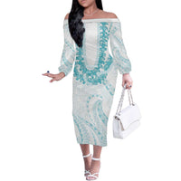 Aloha Lei Onaona Family Matching Off The Shoulder Long Sleeve Dress and Hawaiian Shirt Teal Hawaiian Tribal Pattern