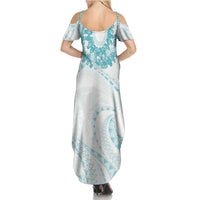 Aloha Lei Onaona Family Matching Summer Maxi Dress and Hawaiian Shirt Teal Hawaiian Tribal Pattern