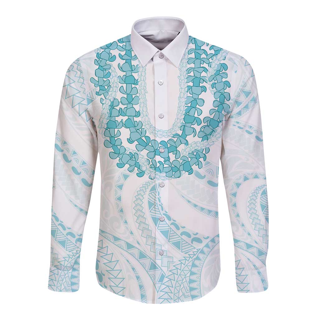 Aloha Lei Onaona Long Sleeve Button Shirt Teal Hawaiian Tribal Pattern LT9 Unisex Teal - Polynesian Pride