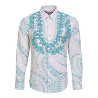 Aloha Lei Onaona Long Sleeve Button Shirt Teal Hawaiian Tribal Pattern LT9 Unisex Teal - Polynesian Pride