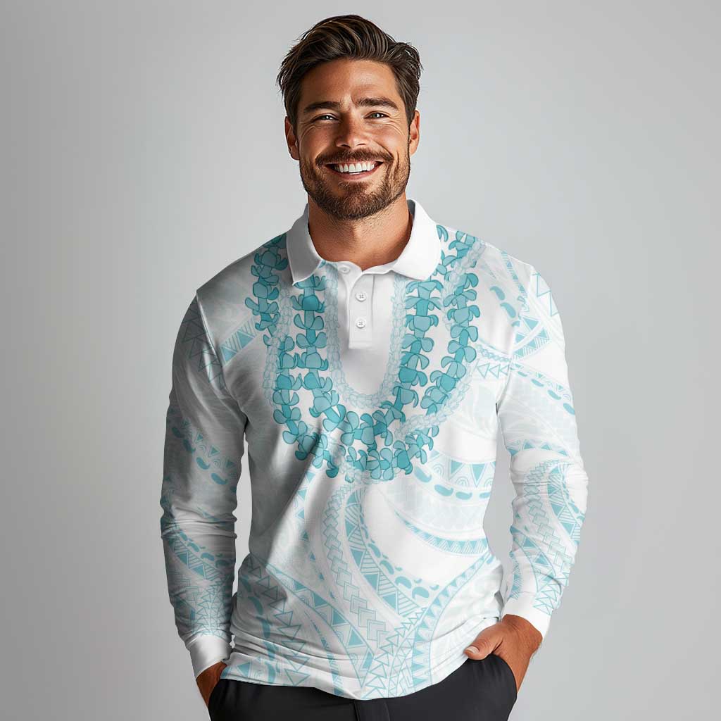 Aloha Lei Onaona Long Sleeve Polo Shirt Teal Hawaiian Tribal Pattern