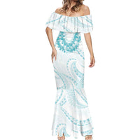Aloha Lei Onaona Mermaid Dress Teal Hawaiian Tribal Pattern