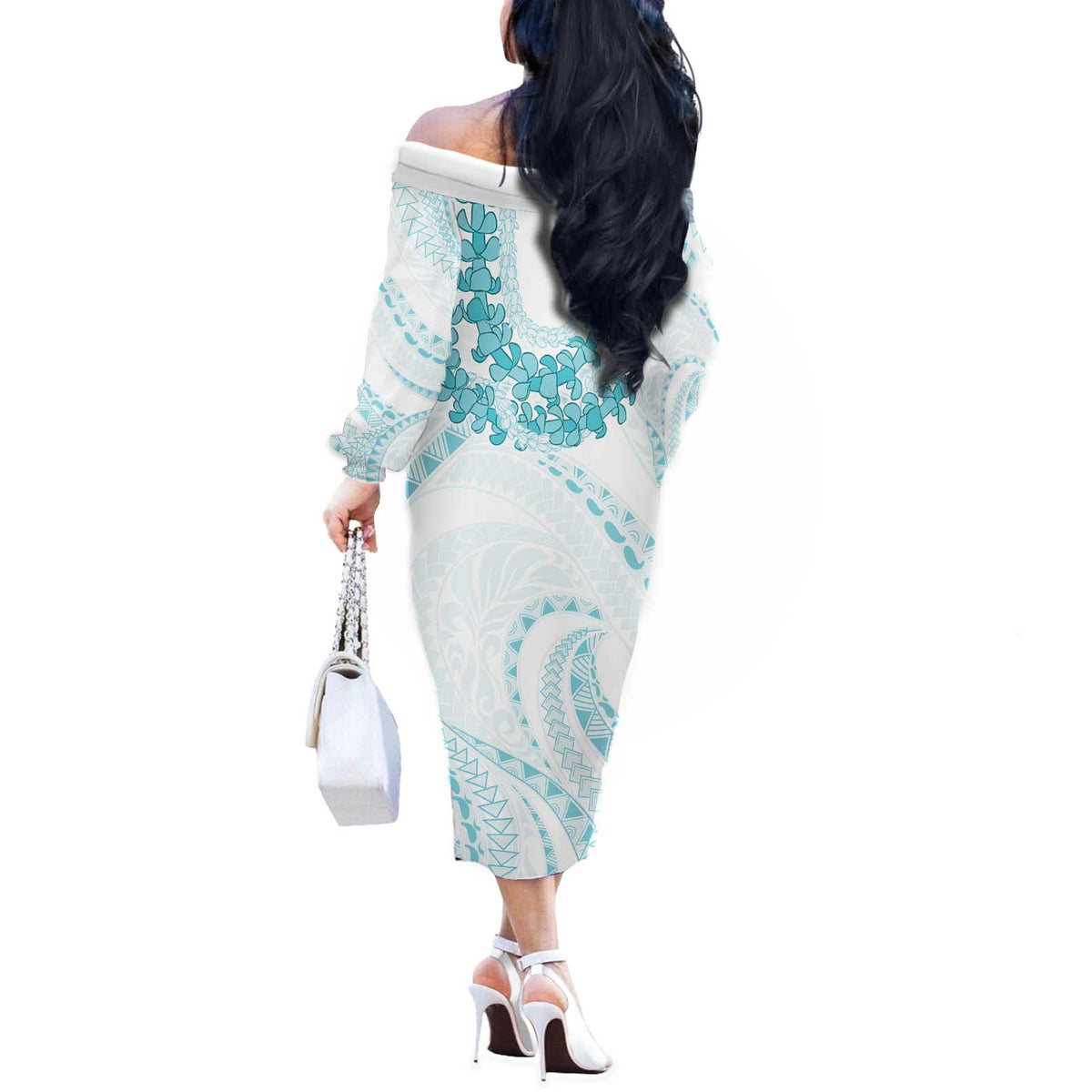 Aloha Lei Onaona Off The Shoulder Long Sleeve Dress Teal Hawaiian Tribal Pattern