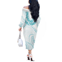 Aloha Lei Onaona Off The Shoulder Long Sleeve Dress Teal Hawaiian Tribal Pattern