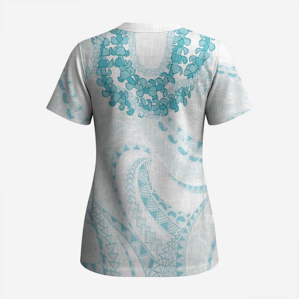 Aloha Lei Onaona Scrub Top Teal Hawaiian Tribal Pattern - Polynesian Pride
