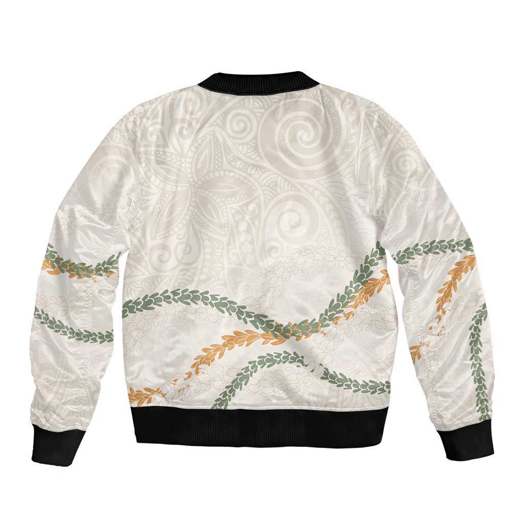 Aloha Lei Mikioi Bomber Jacket Beige Polynesian Tribal Tatau Pattern