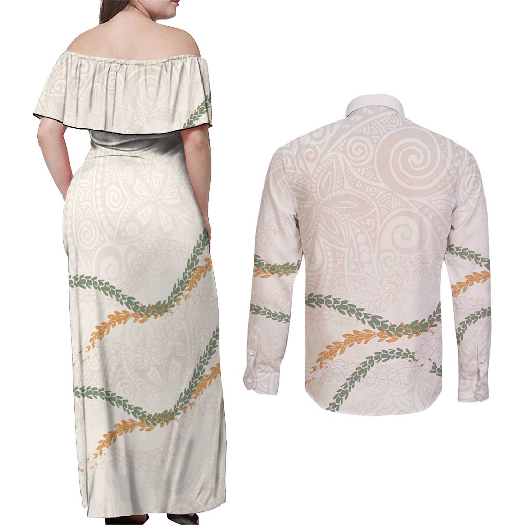 Aloha Lei Mikioi Couples Matching Off Shoulder Maxi Dress and Long Sleeve Button Shirt Beige Polynesian Tribal Tatau Pattern LT9 - Polynesian Pride