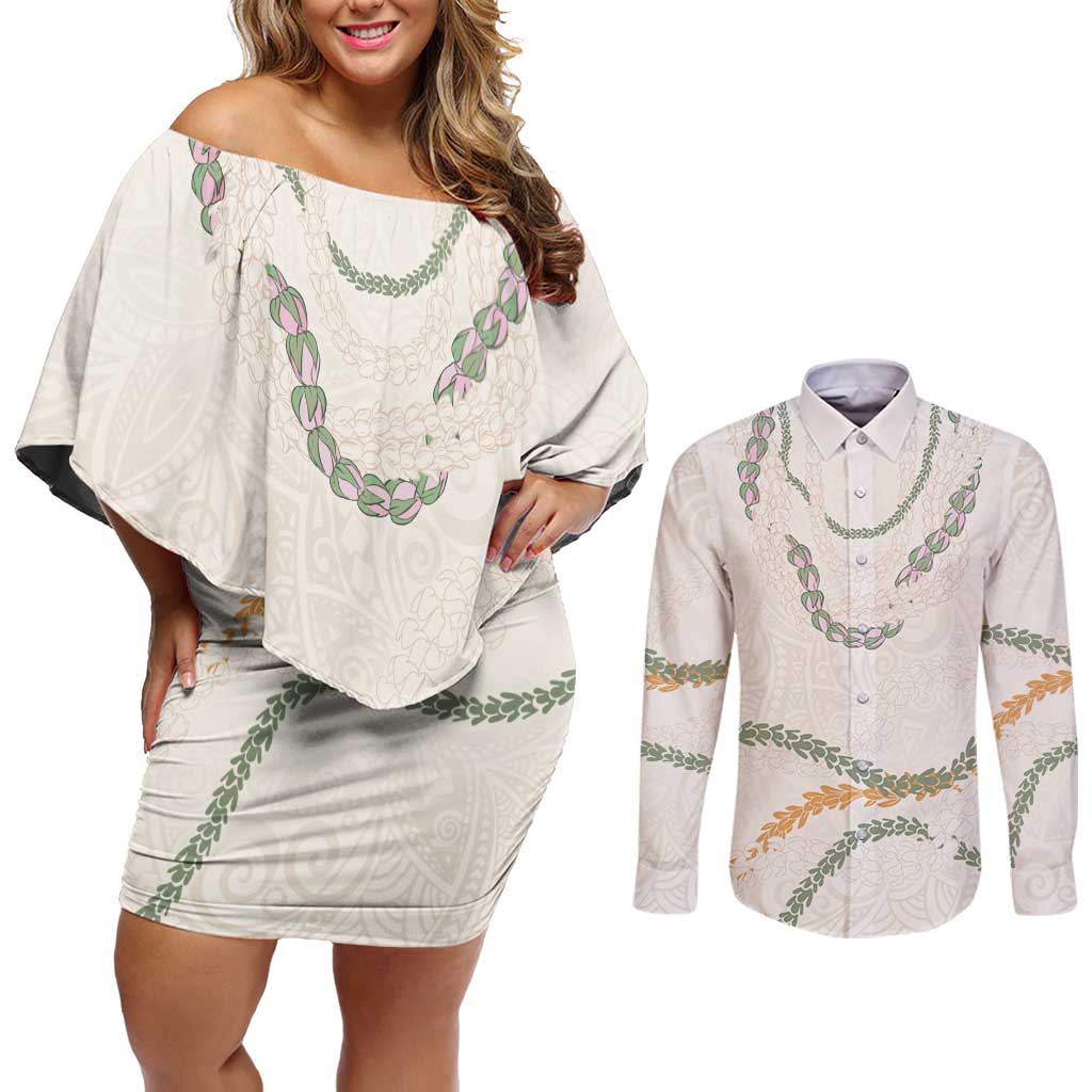 Aloha Lei Mikioi Couples Matching Off Shoulder Short Dress and Long Sleeve Button Shirt Beige Polynesian Tribal Tatau Pattern LT9 Beige - Polynesian Pride