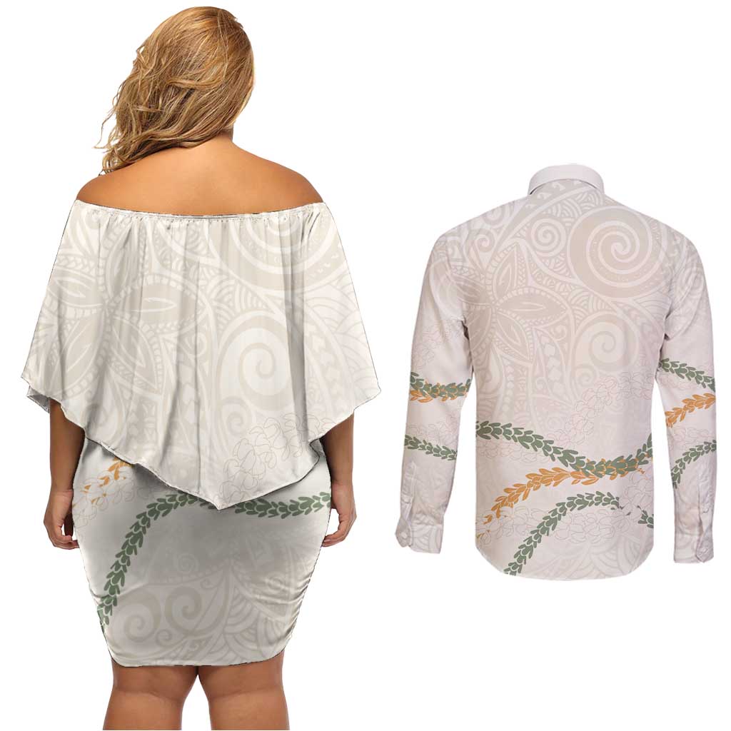 Aloha Lei Mikioi Couples Matching Off Shoulder Short Dress and Long Sleeve Button Shirt Beige Polynesian Tribal Tatau Pattern LT9 - Polynesian Pride