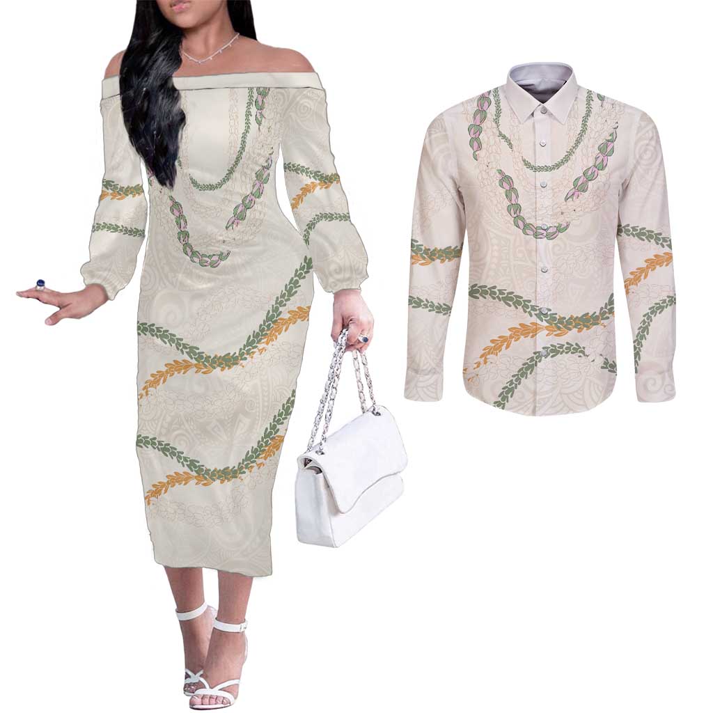 Aloha Lei Mikioi Couples Matching Off The Shoulder Long Sleeve Dress and Long Sleeve Button Shirt Beige Polynesian Tribal Tatau Pattern LT9 Beige - Polynesian Pride