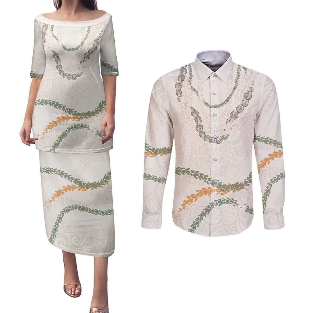 Aloha Lei Mikioi Couples Matching Puletasi and Long Sleeve Button Shirt Beige Polynesian Tribal Tatau Pattern LT9 Beige - Polynesian Pride