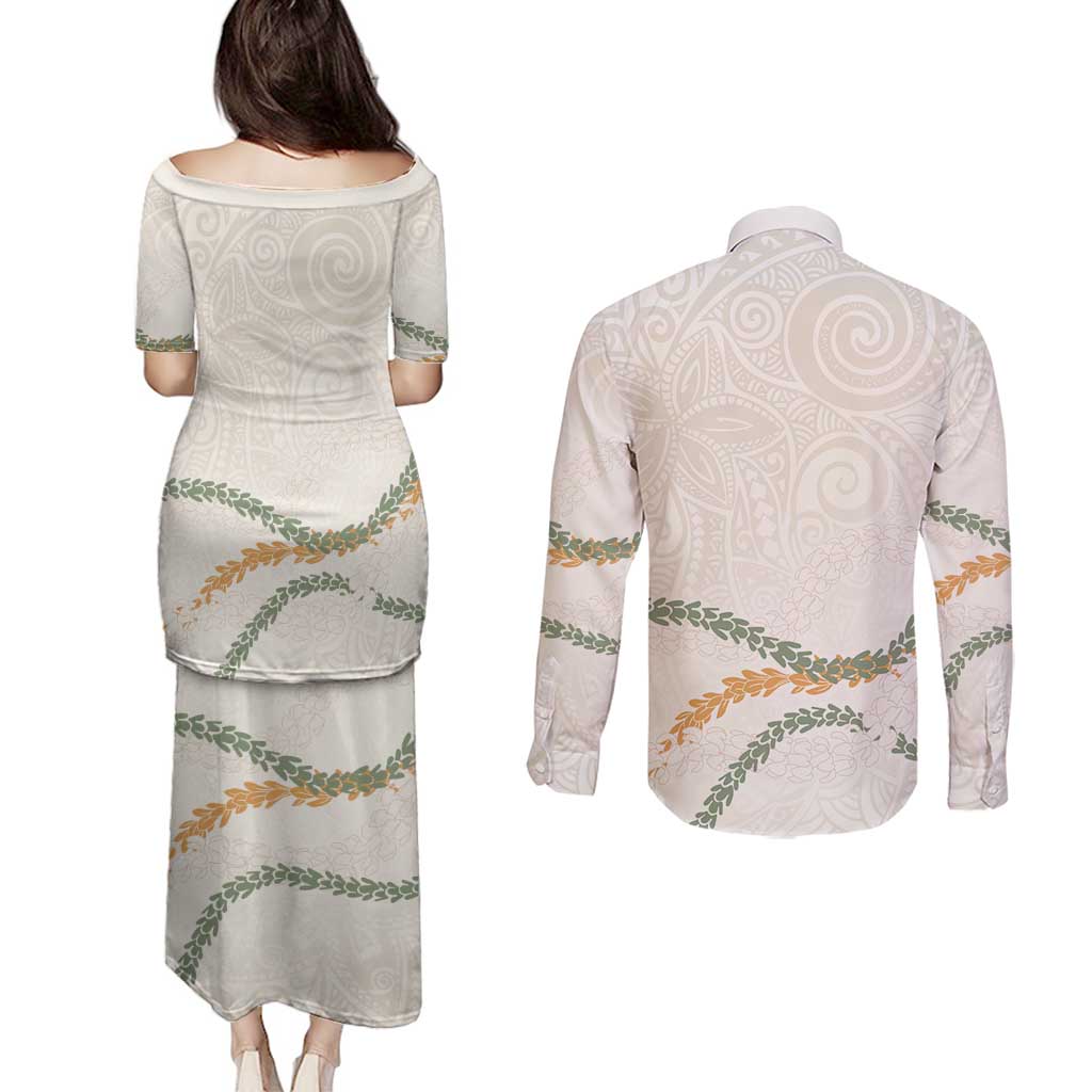 Aloha Lei Mikioi Couples Matching Puletasi and Long Sleeve Button Shirt Beige Polynesian Tribal Tatau Pattern LT9 - Polynesian Pride