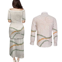 Aloha Lei Mikioi Couples Matching Puletasi and Long Sleeve Button Shirt Beige Polynesian Tribal Tatau Pattern LT9 - Polynesian Pride