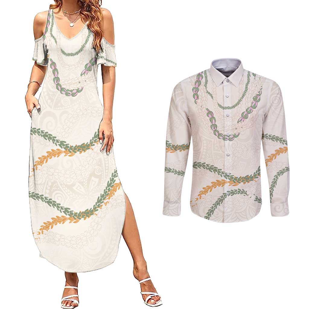 Aloha Lei Mikioi Couples Matching Summer Maxi Dress and Long Sleeve Button Shirt Beige Polynesian Tribal Tatau Pattern LT9 Beige - Polynesian Pride
