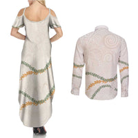 Aloha Lei Mikioi Couples Matching Summer Maxi Dress and Long Sleeve Button Shirt Beige Polynesian Tribal Tatau Pattern LT9 - Polynesian Pride