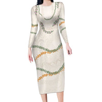 Aloha Lei Mikioi Family Matching Long Sleeve Bodycon Dress and Hawaiian Shirt Beige Polynesian Tribal Tatau Pattern