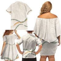 Aloha Lei Mikioi Family Matching Off Shoulder Short Dress and Hawaiian Shirt Beige Polynesian Tribal Tatau Pattern