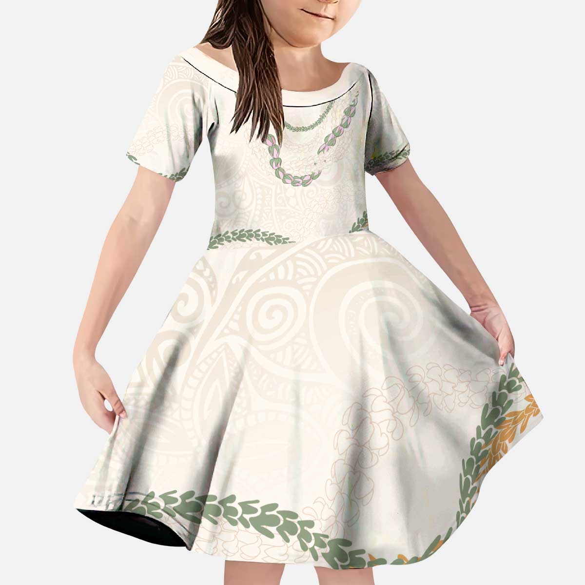 Aloha Lei Mikioi Kid Short Sleeve Dress Beige Polynesian Tribal Tatau Pattern LT9 KID Beige - Polynesian Pride