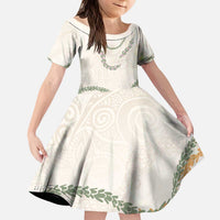 Aloha Lei Mikioi Kid Short Sleeve Dress Beige Polynesian Tribal Tatau Pattern LT9 KID Beige - Polynesian Pride
