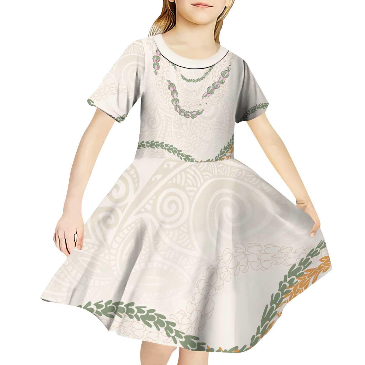 Aloha Lei Mikioi Kid Short Sleeve Dress Beige Polynesian Tribal Tatau Pattern LT9 - Polynesian Pride