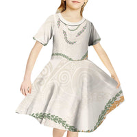 Aloha Lei Mikioi Kid Short Sleeve Dress Beige Polynesian Tribal Tatau Pattern LT9 - Polynesian Pride