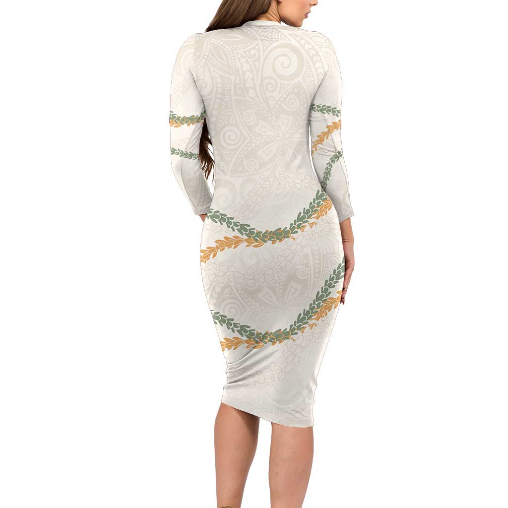 Aloha Lei Mikioi Long Sleeve Bodycon Dress Beige Polynesian Tribal Tatau Pattern