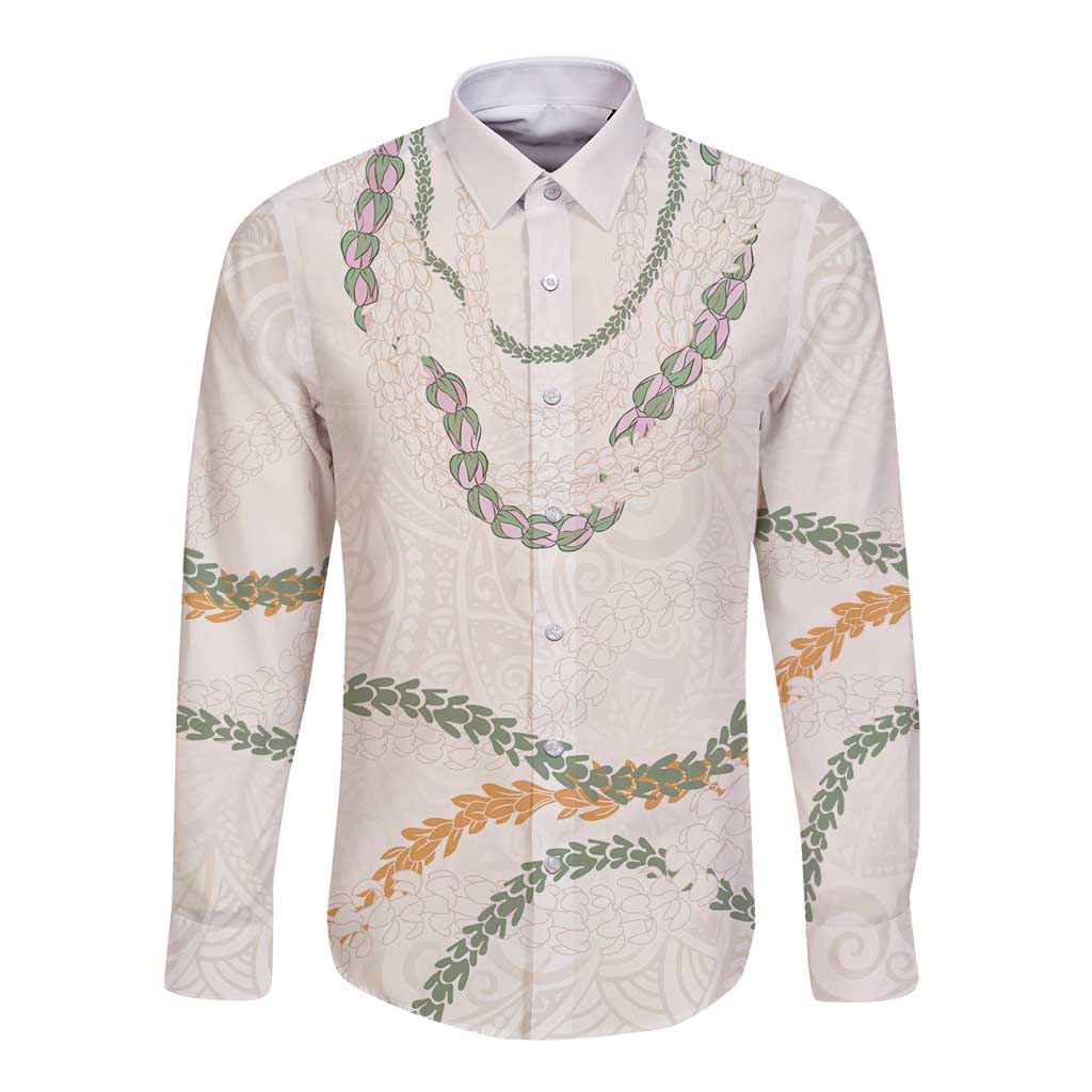 Aloha Lei Mikioi Long Sleeve Button Shirt Beige Polynesian Tribal Tatau Pattern LT9 Unisex Beige - Polynesian Pride