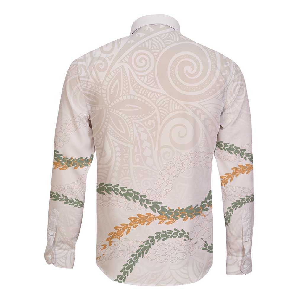 Aloha Lei Mikioi Long Sleeve Button Shirt Beige Polynesian Tribal Tatau Pattern LT9 - Polynesian Pride